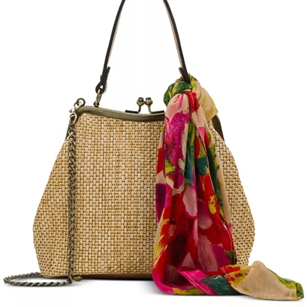 Patricia Nash Beige Woven Mini Bag with Multicolor Scarf Accent - Picture 1 of 8